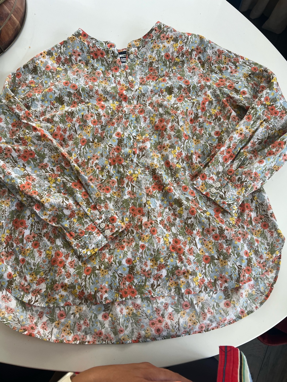 Lands' End Floral Button-Front Blouse in White, Coral & Yellow